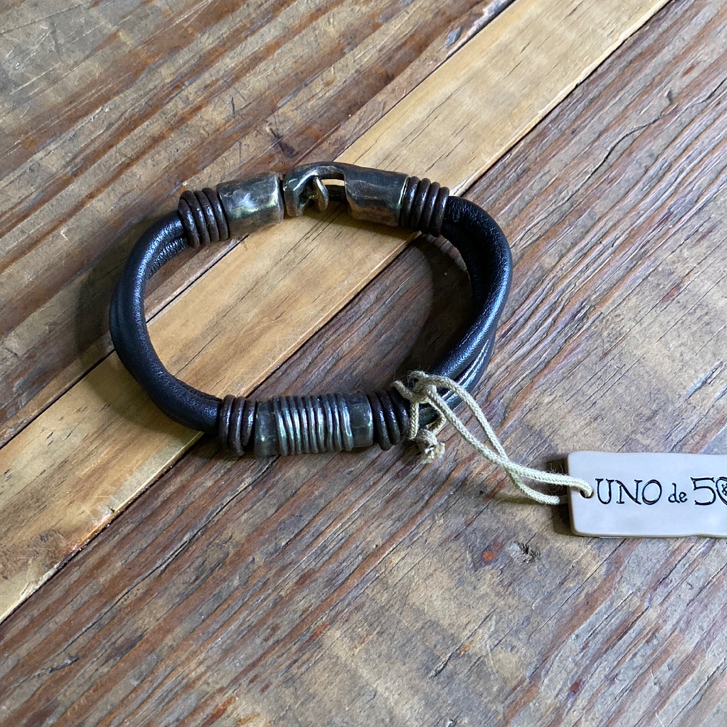 Uno De 50 Rustic Leather And Metal Wrapped Bracelet With Interlock Closure